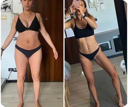 Carlotta V. before-and-after mirror selfies after two pregnancies