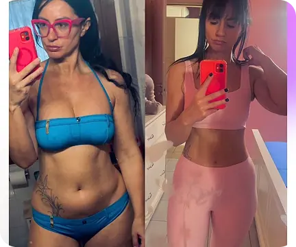 Ilaria C. side-by-side mirror selfies showing her Pilates progress
