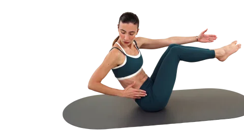 Carlotta Gagna che mostra un esercizio core di Pilates Linfodrenante su un tappetino per scolpire e rimodellare il corpo