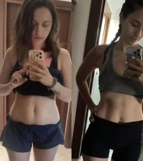 Angela before and after with Traininpink Lymphatic Drainage Pilates