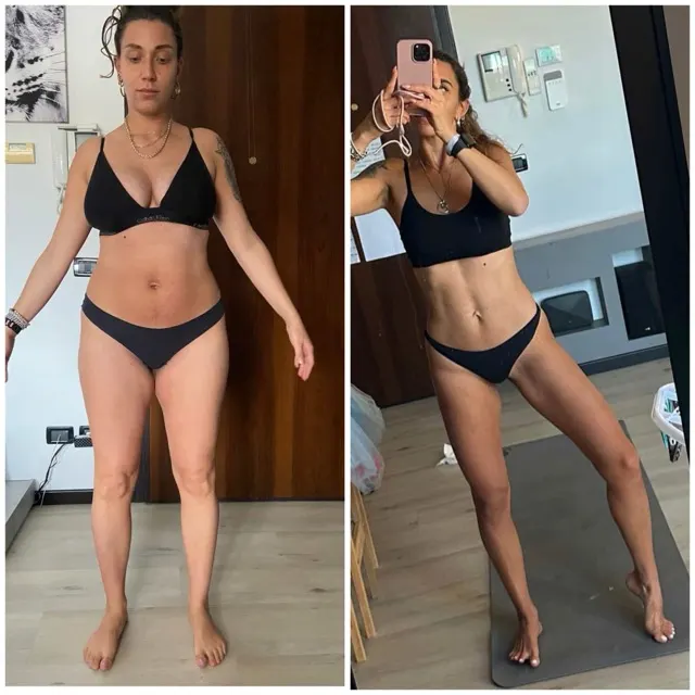 Foto prima e dopo post-gravidanza di Carlotta dopo 9 mesi di Pilates Linfodrenante