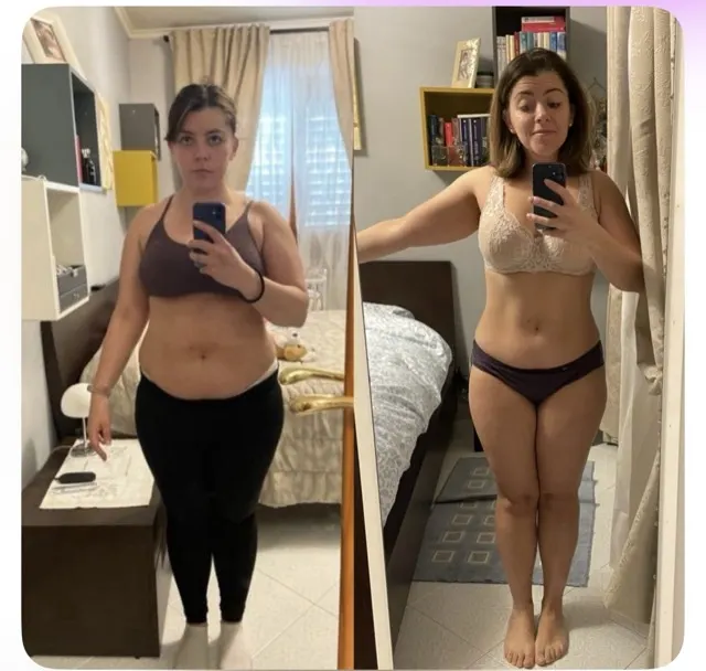 Foto prima e dopo di Maria R., che ha perso 12kg con il Pilates Linfodrenante