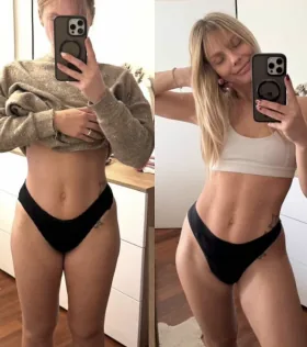 Martina before and after with Traininpink Lymphatic Drainage Pilates, after 1 month