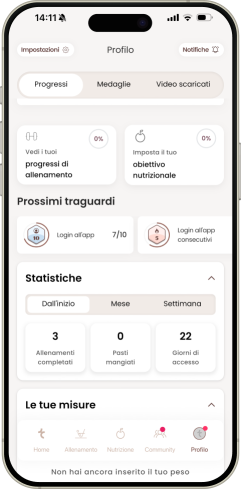 Schermata del profilo dell'app Pilates Diastasi e Post Parto con i progressi di allenamento, i prossimi traguardi, le statistiche e le misure corporee