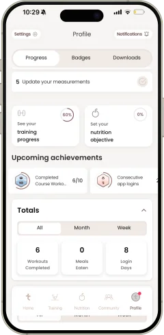 Pilates Linfodrenante app — progress tracking screen