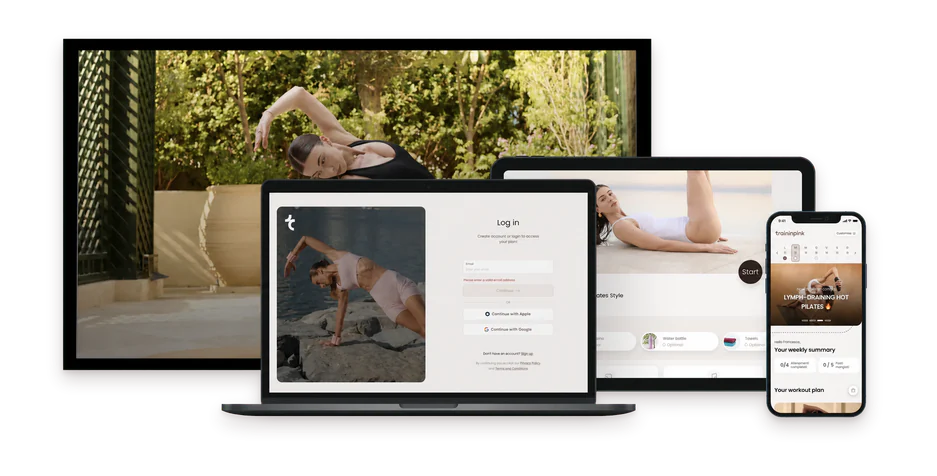 Access Traininpink lymphatic drainage pilates workouts sessions on laptop anytime, anywhere with a simple login