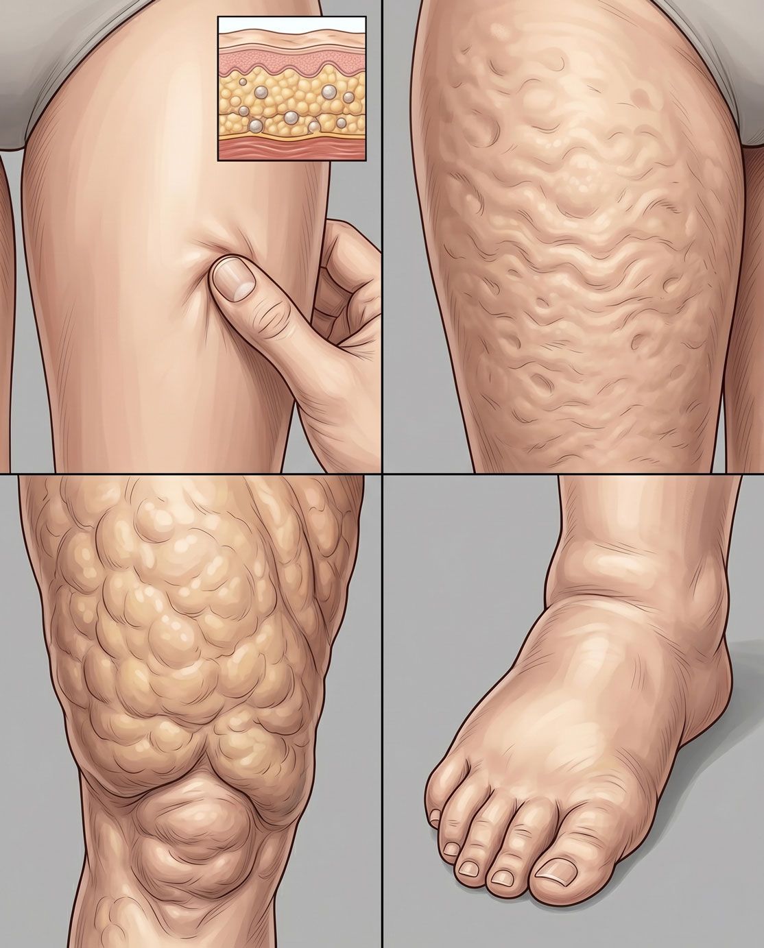 Illustrazione medica della pelle a sacchetto di biglie nel lipedema con noduli nel tessuto adiposo e gonfiore alle gambe e caviglie negli stadi avanzati