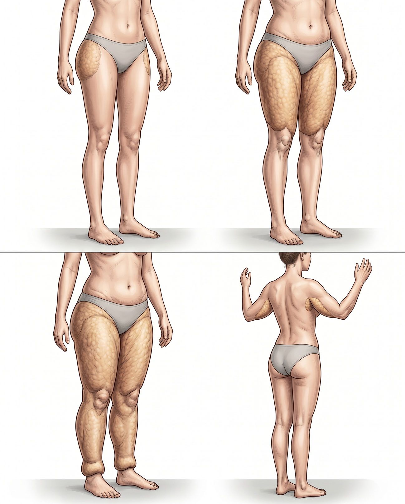 Illustrazione medica dei tipi e stadi del lipedema con distribuzione progressiva del tessuto adiposo su fianchi, cosce, gambe e braccia