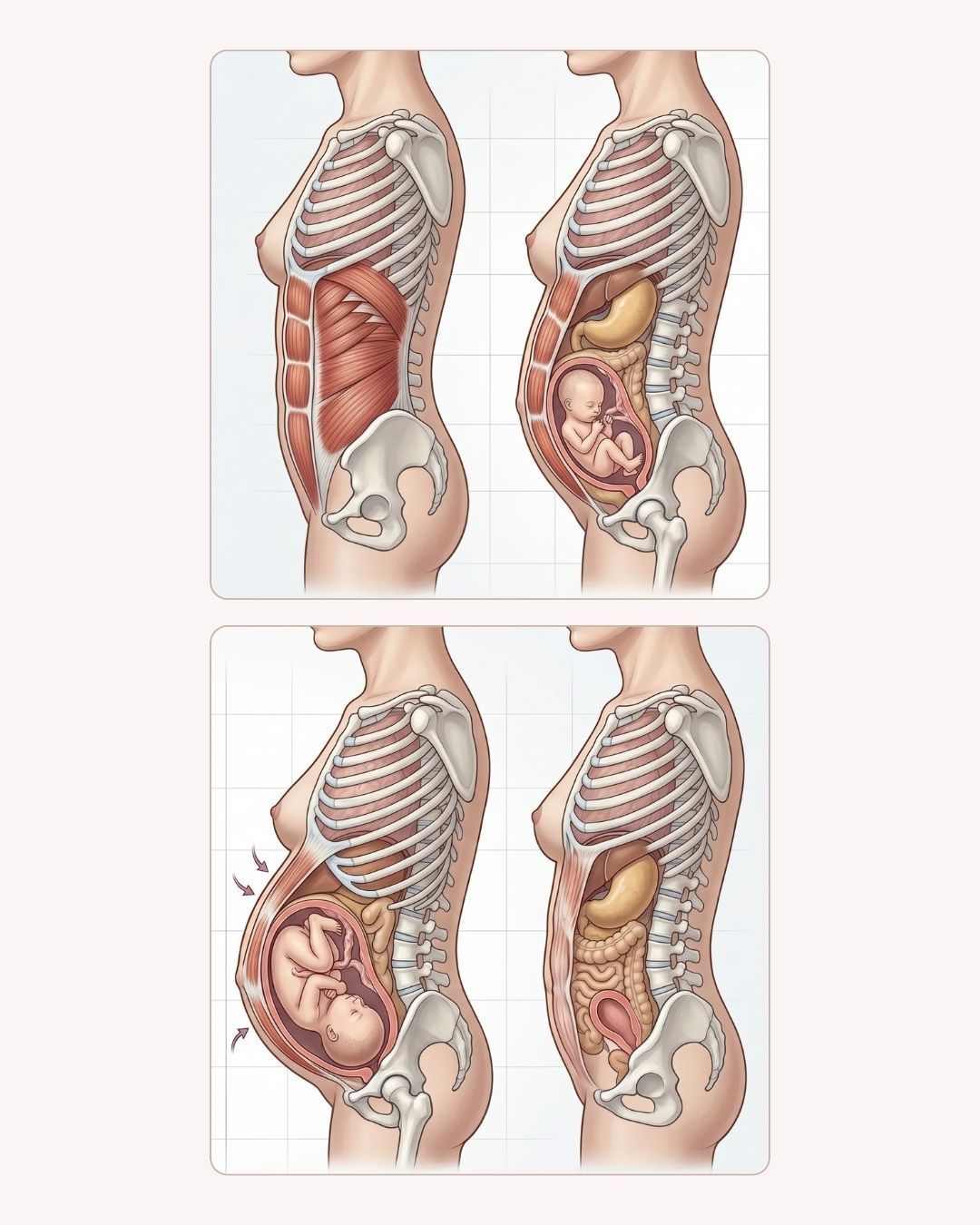 Anatomical illustrations of how abdominal muscles change during pregnanc