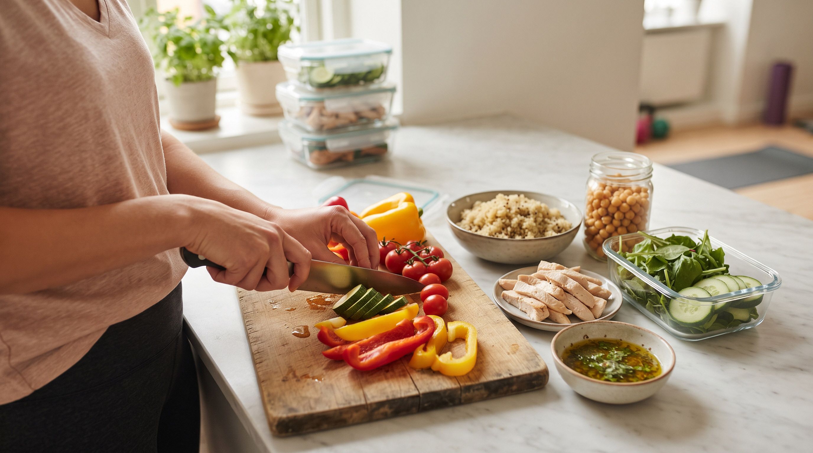 Donna che taglia delle verdure mentre compone il pranzo da portare in ufficio