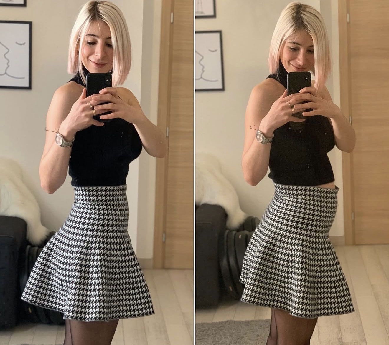 Carlotta Gagna allo specchio con sintomi di infiammazione addominale