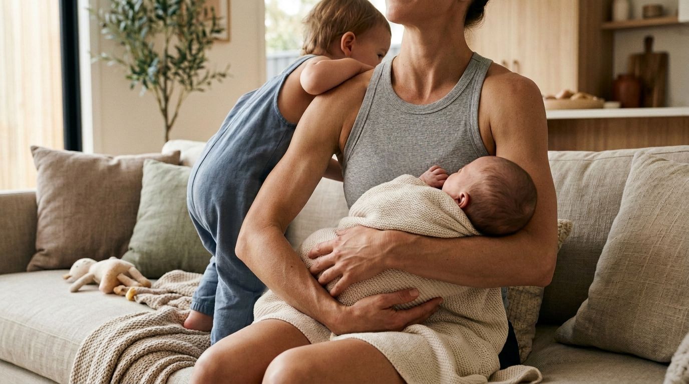 Donna seduta sul divano di casa, che tiene in braccio due figli piccoli