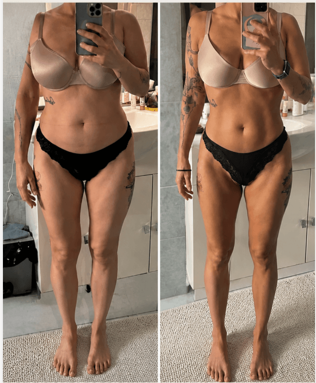 Due foto comparative del corpo di una donna allo specchio: grazie al Pilates Linfodrenante, il gonfiore addominale è visibilmente ridotto