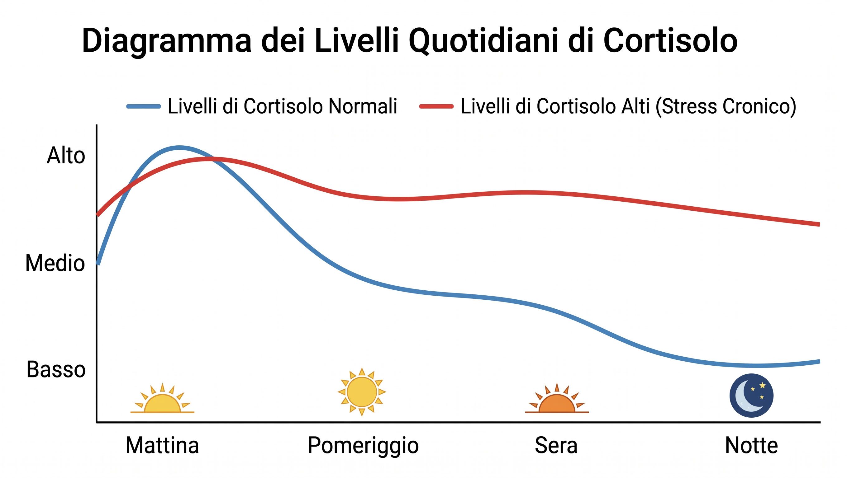 Grafico a curva che rappresenta la differenza tra i livelli di cortisolo in una persona normale e in una affetta da stress cronico