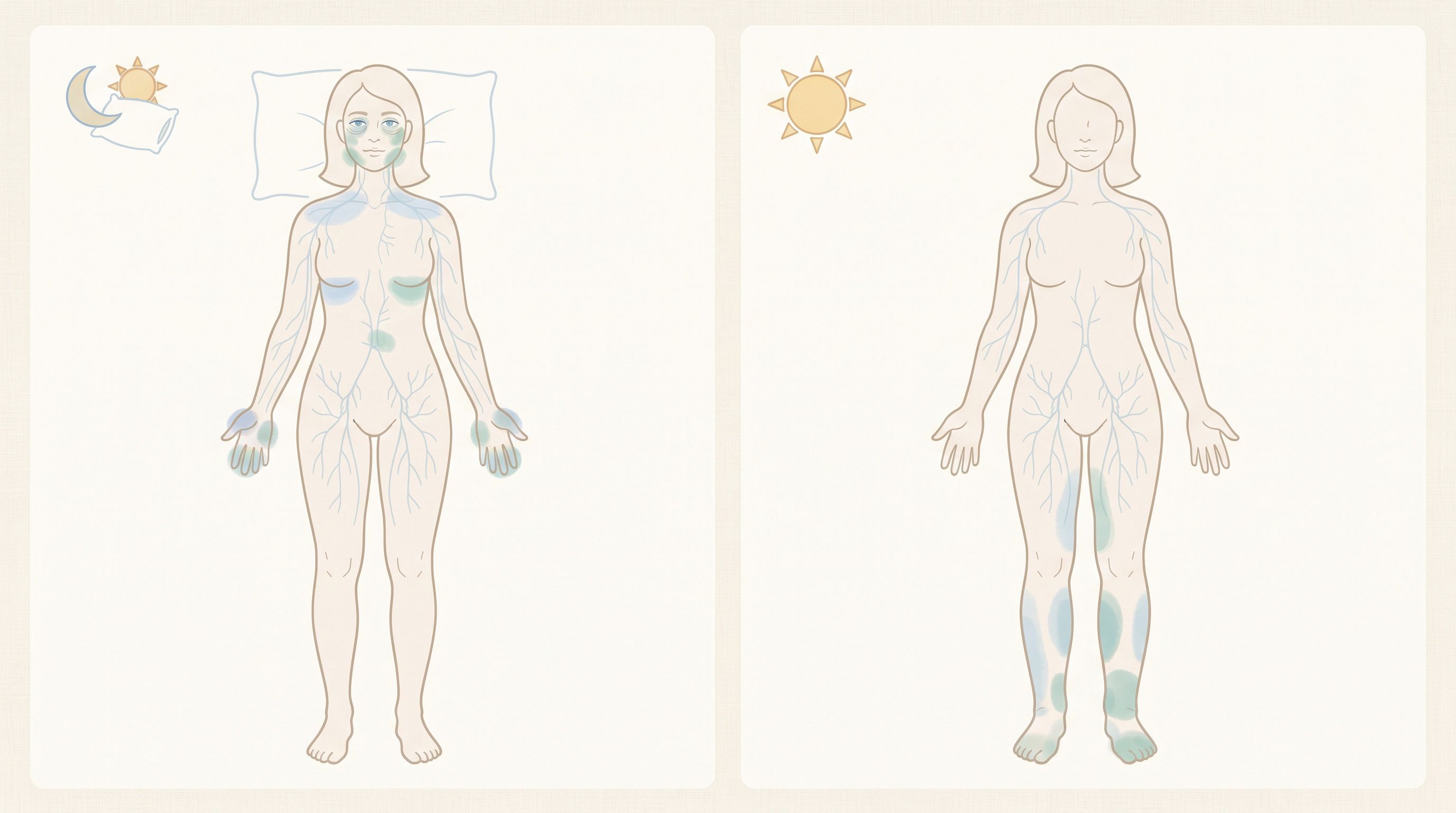 Illustrazione anatomica che evidenzia la concentrazione di liquidi in alto la mattina e in basso al sera