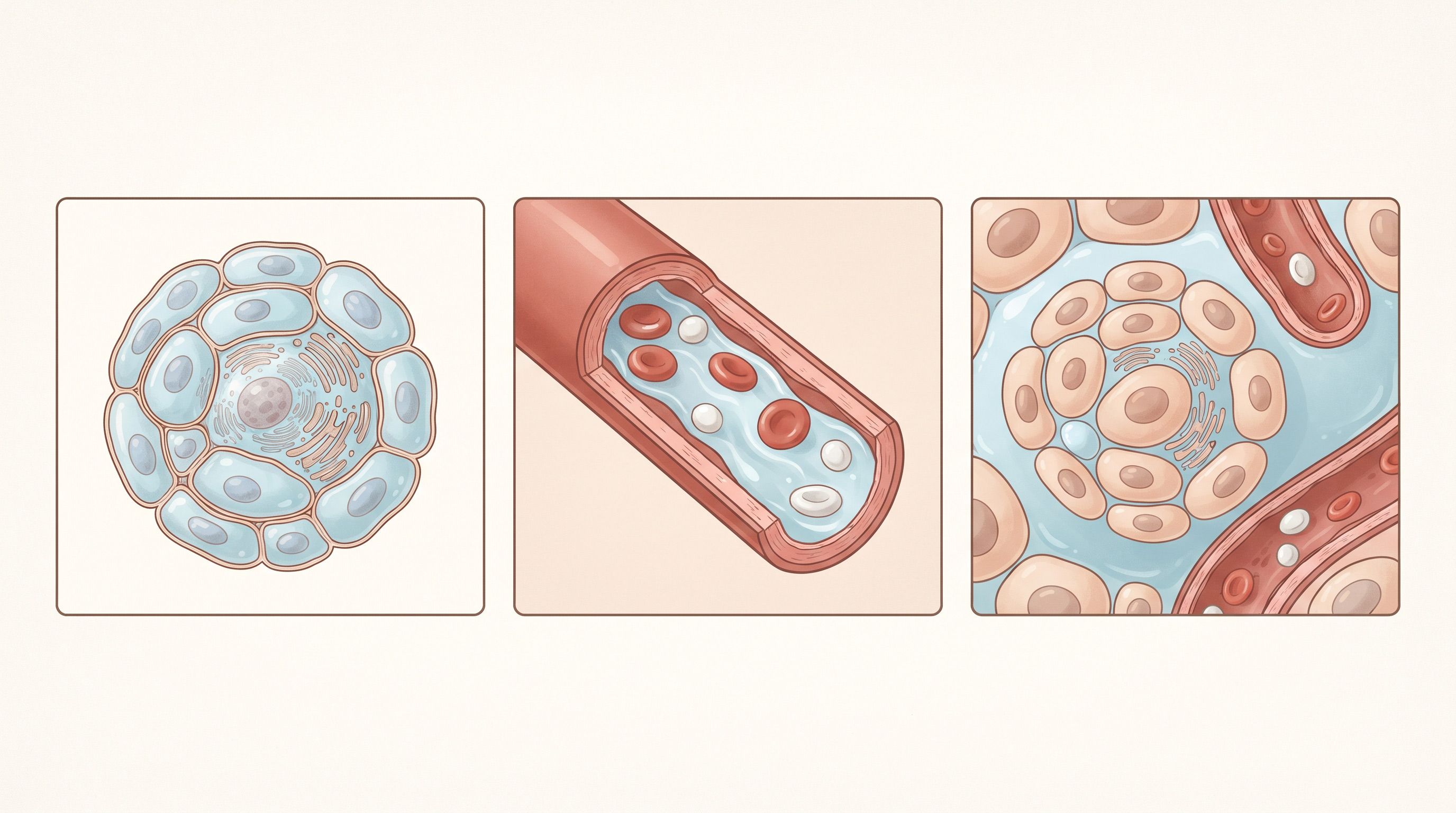 Illustrazione anatomica della distribuzione dell'acqua nel corpo della donna: cellule, vasi sanguigni e linfatici e spazio interstiziale.