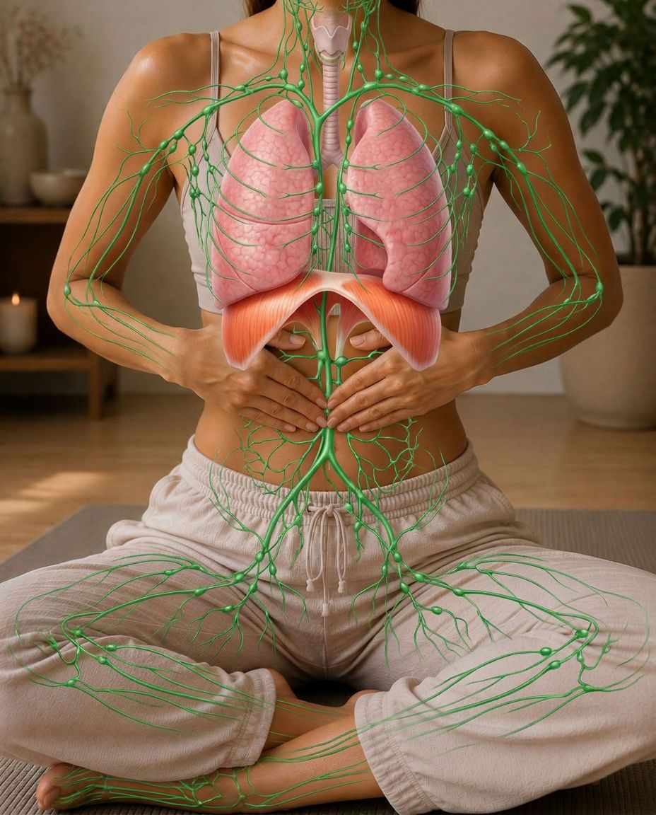 Illustrazione anatomica della respirazione diaframmatica: il dotto toracico, il vaso linfatico più grande del corpo, attraversa il diaframma.
