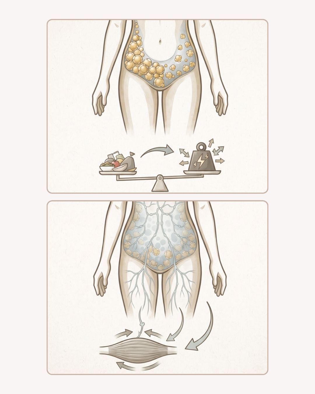Illustrazione anatomica di addome femminile: il deficit calorico agisce sul grasso mentre il movimento lavora sui liquidi stimolando il sistema linfatico