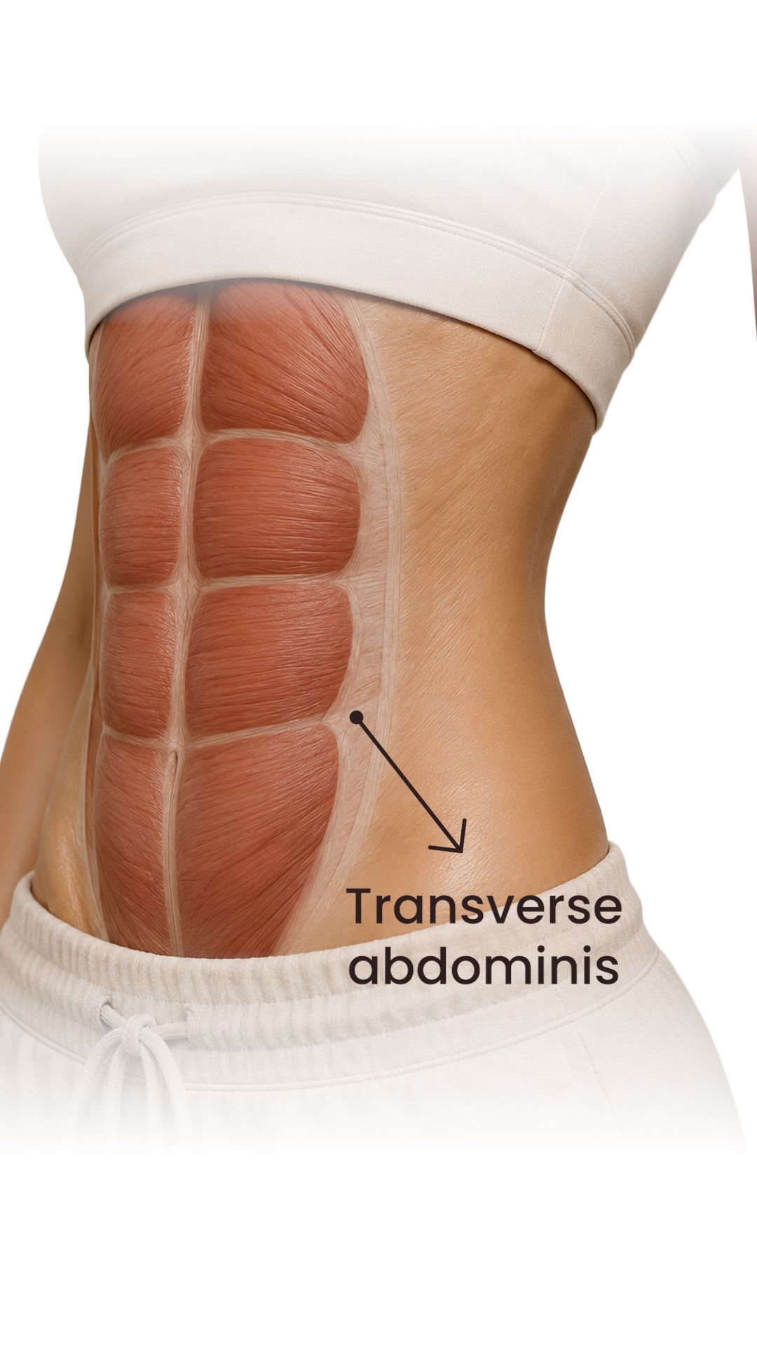 Illustrazione anatomica di un busto di donna che evidenzia il muscolo trasverso dell'addome, muscolo profondo reclutato nel Pilates Linfodrenante