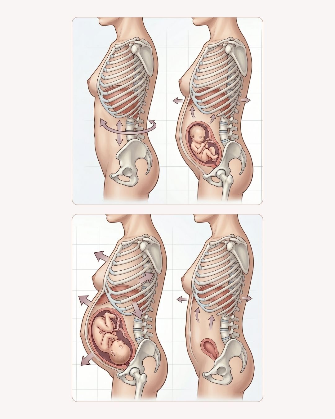 Illustrazione anatomica del cambiamento strutturale della gabbia toracica durante la gravidanza
