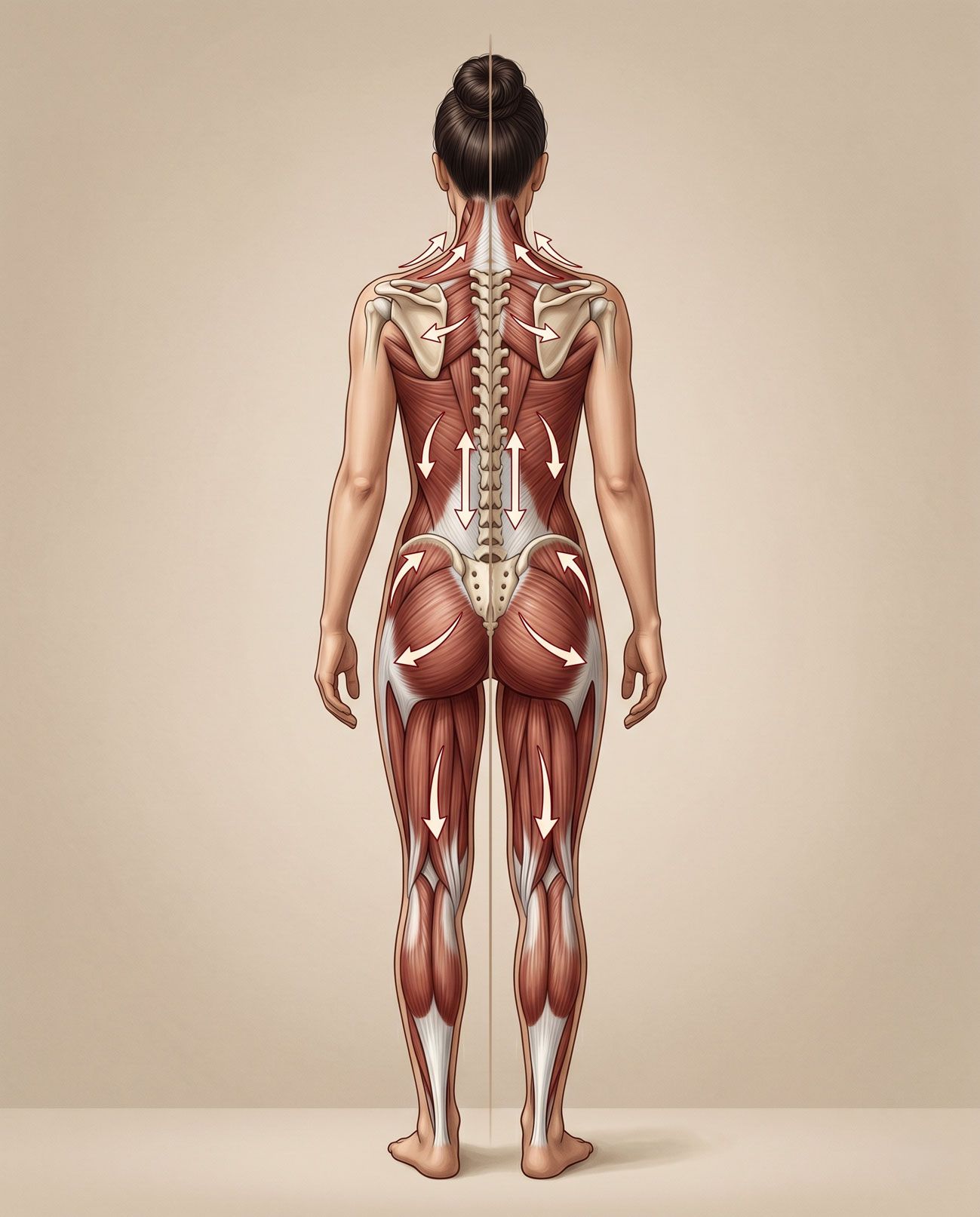 Illustrazione anatomica dei gruppi muscolari posteriori bilanciati di un corpo femminile