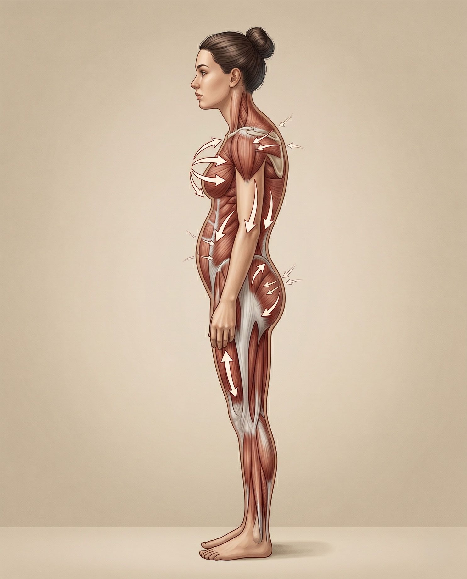 Illustrazione anatomica dei gruppi muscolari sbilanciati di un corpo femminile