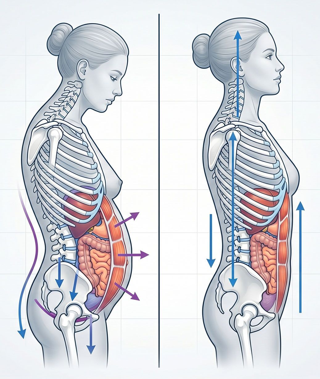 Schema anatomico che confronta postura scorretta con pancia sporgente e postura corretta — come l'allineamento del bacino influenza il gonfiore addominale