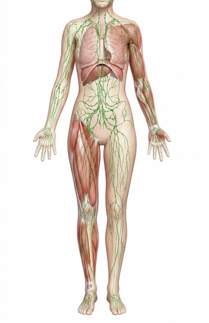 Anatomia del sistema linfatico femminile con linfonodi e vasi — rete di drenaggio stimolata dal Pilates Linfodrenante contro ritenzione idrica e gonfiore