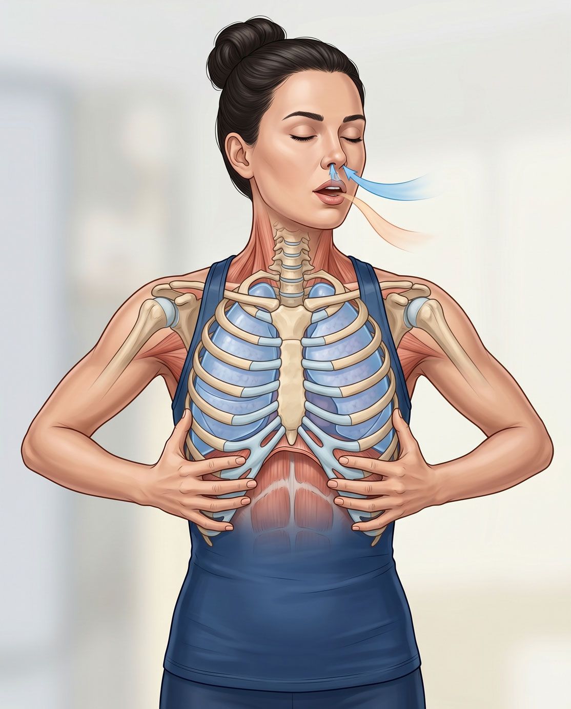 Illustrazione anatomica della respirazione diaframmatica con sistema linfatico visibile, pompa naturale per ridurre gonfiore e migliorare la postura