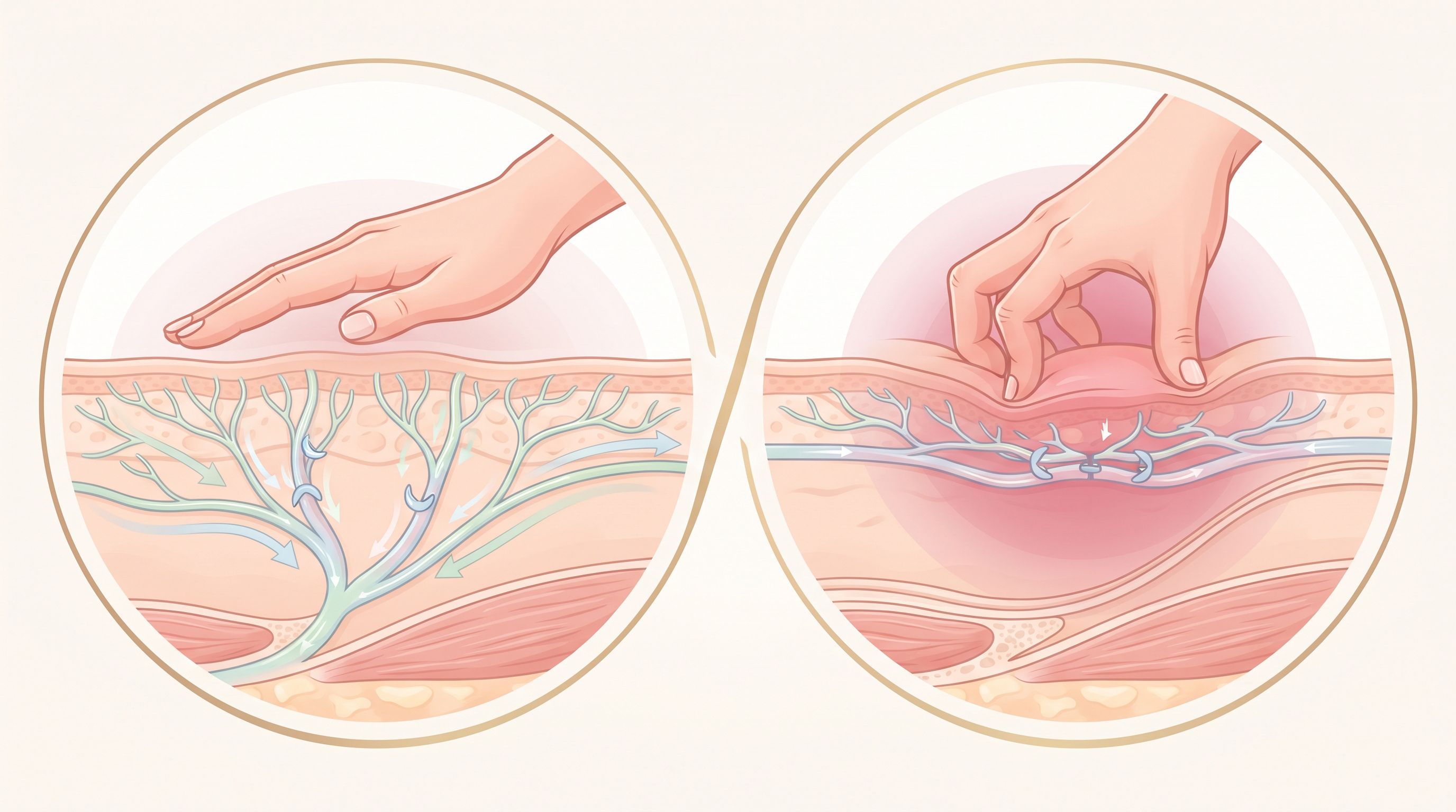 Illustrazione che mostra una corretta stimolazioen del sistema linfatico attraverso un leggero massaggio esterno, in confronto ad un massaggio che va a comprimere i vasi linfatici