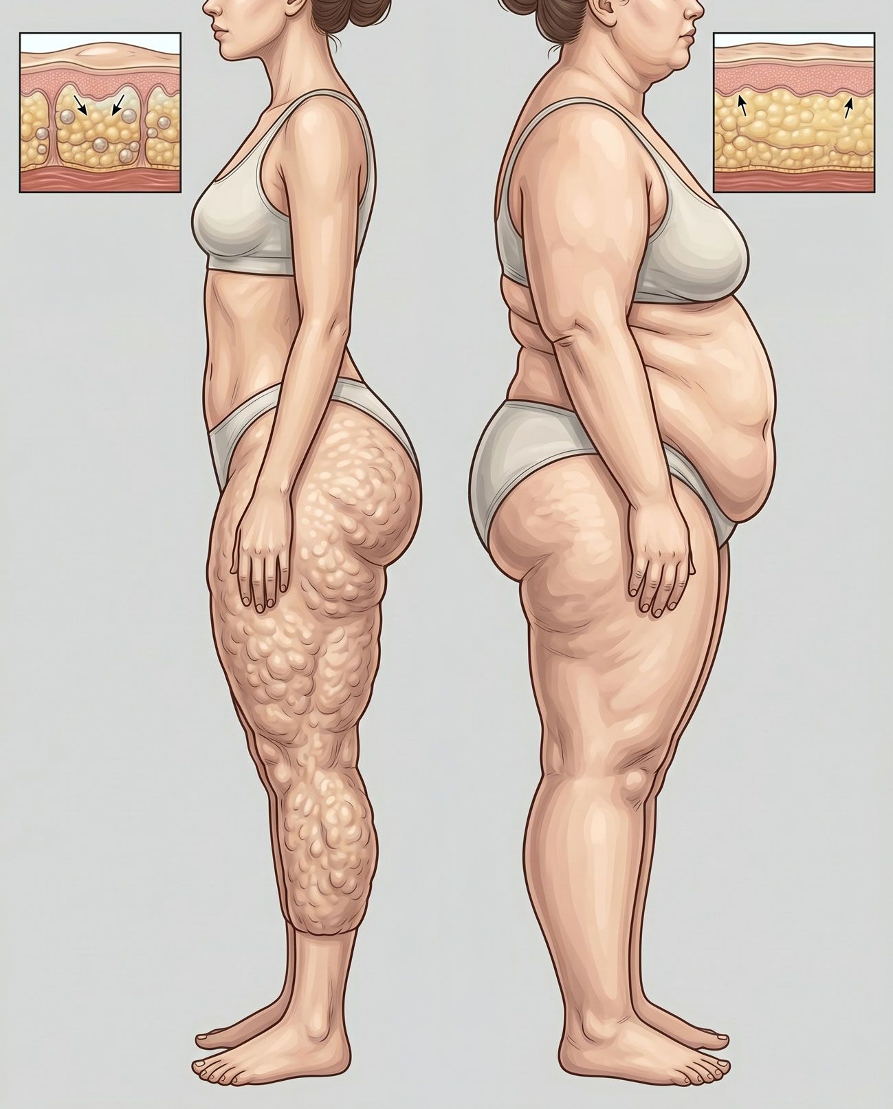 Illustrazione medica che confronta lipedema e obesità — accumulo sproporzionato di grasso sulle gambe nel lipedema rispetto alla distribuzione uniforme dell'obesità
