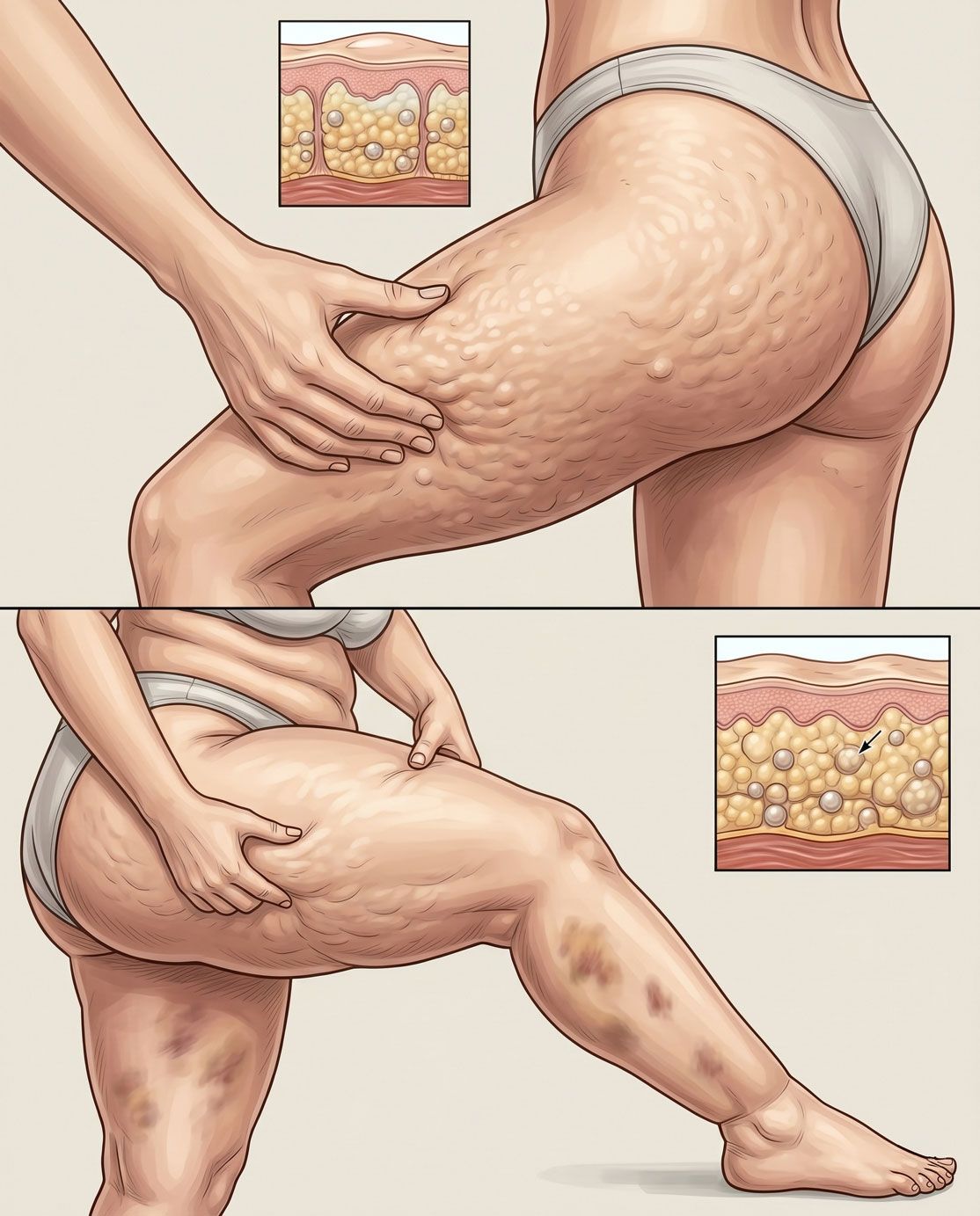 Illustrazione medica che confronta la pelle con cellulite e tessuto lipedemico con noduli profondi — differenza visiva tra cellulite e lipedema