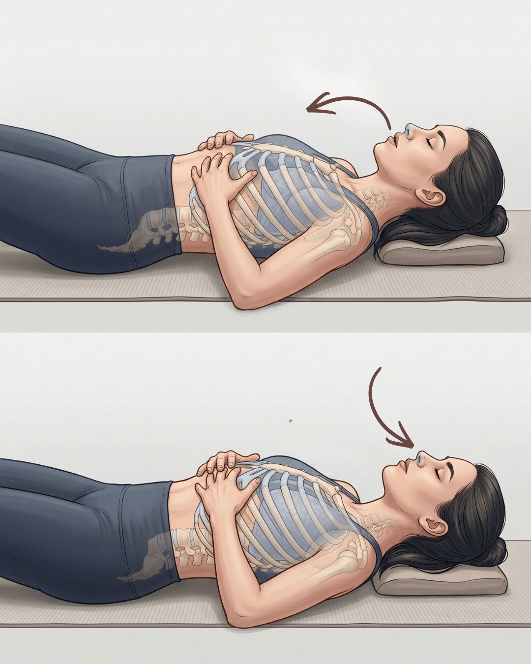 Illustrazione di una donna stesa supina a terra che esegue un test di respirazione