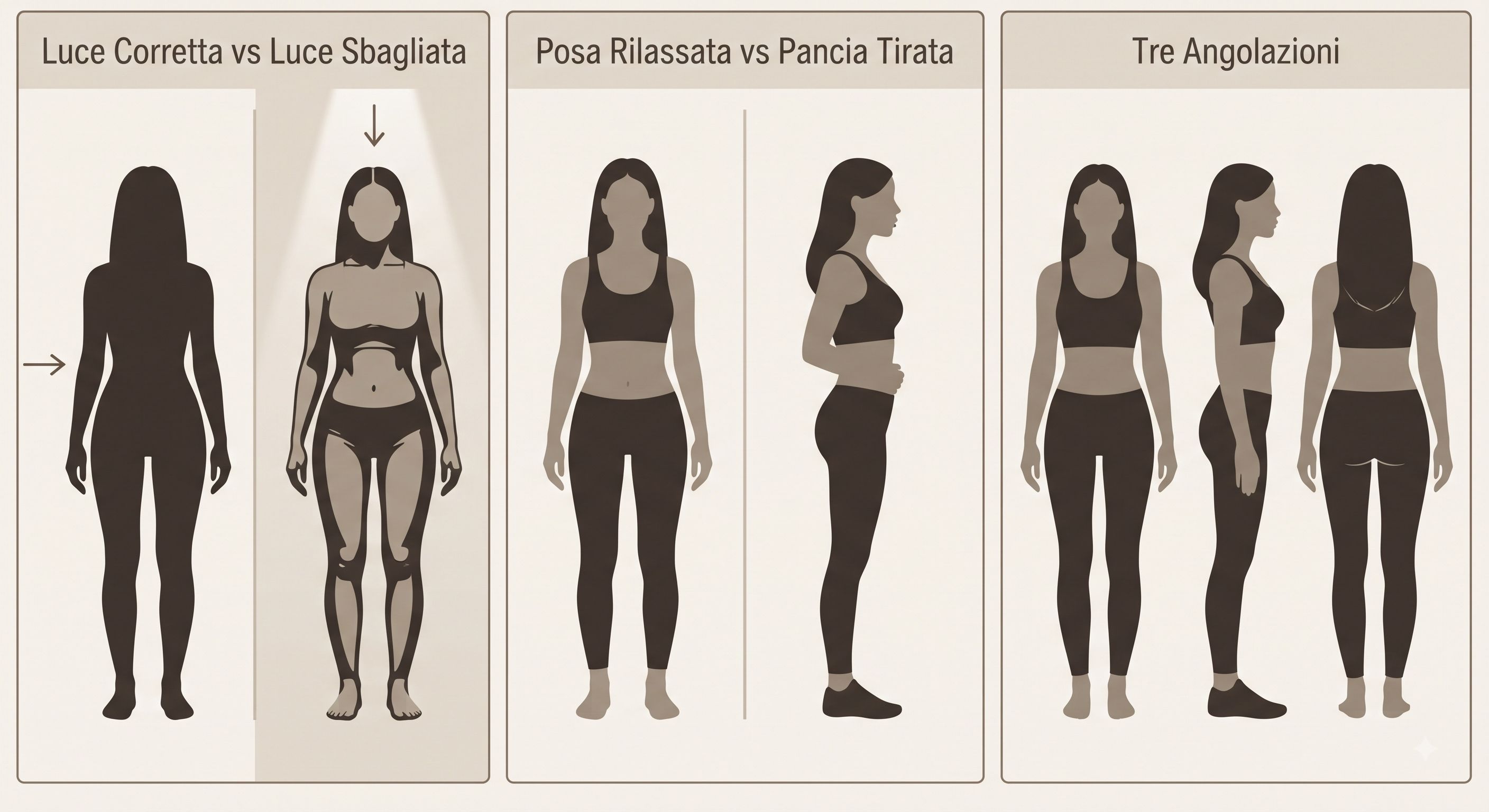 Infografica che rappresenta i passaggi da seguire per scattare correttamente le foto per monitorare i propri progressi fisici