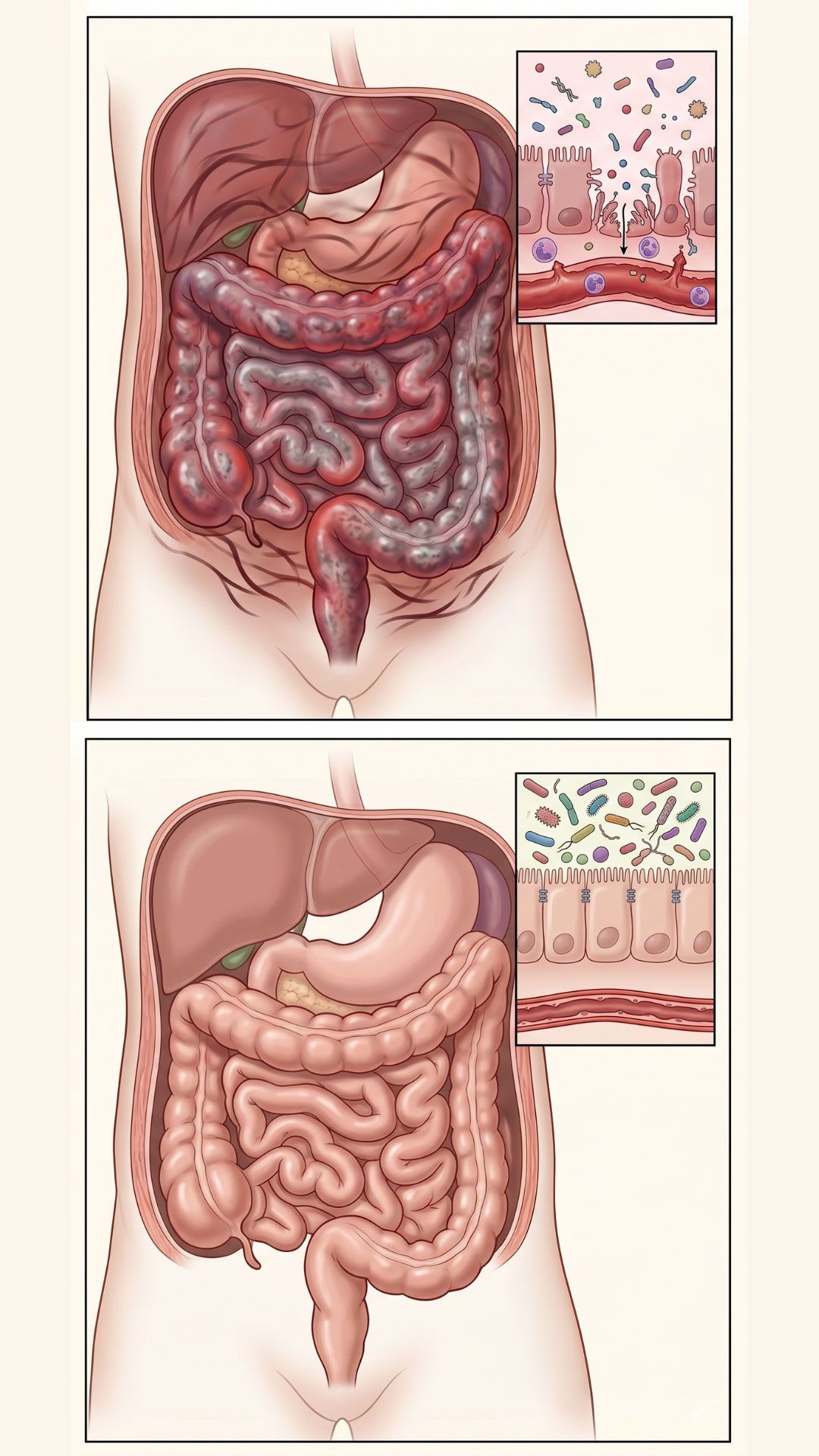 Illustrazione anatomica di un intestino cronicamente infiammato e di un intestino sano