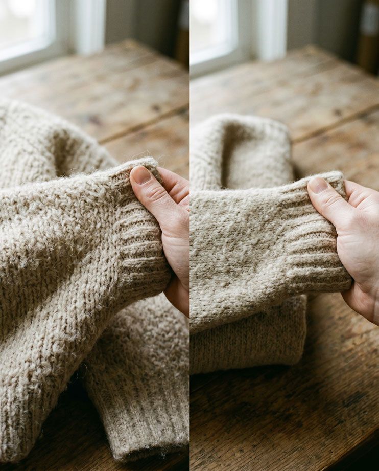 Mano di donna che tiene un maglione lana morbido e uno infeltrito a causa di un lavaggio a temperature troppo elevate