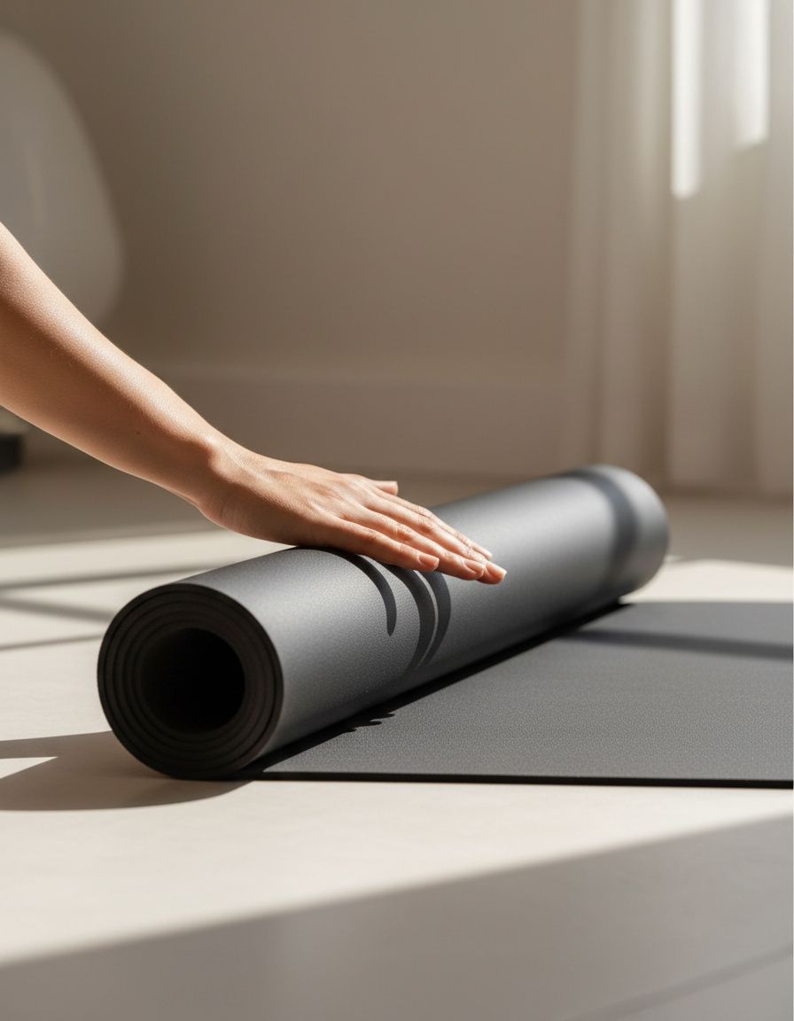 Mano di donna che srotola un tappetino da Pilates a terra