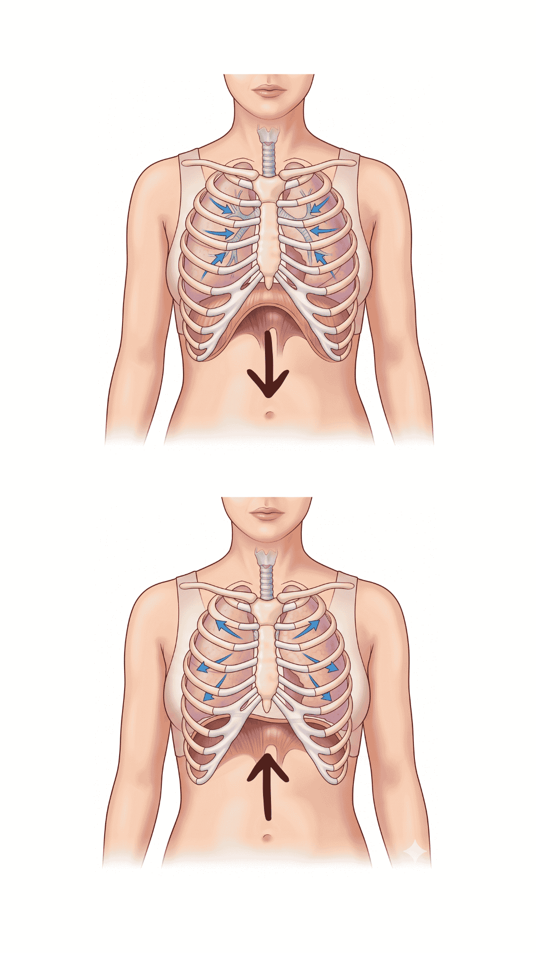 Schema del diaframma che scende e sale durante il ciclo respiratorio — movimento che massaggia gli organi addominali e riduce il gonfiore intestinale