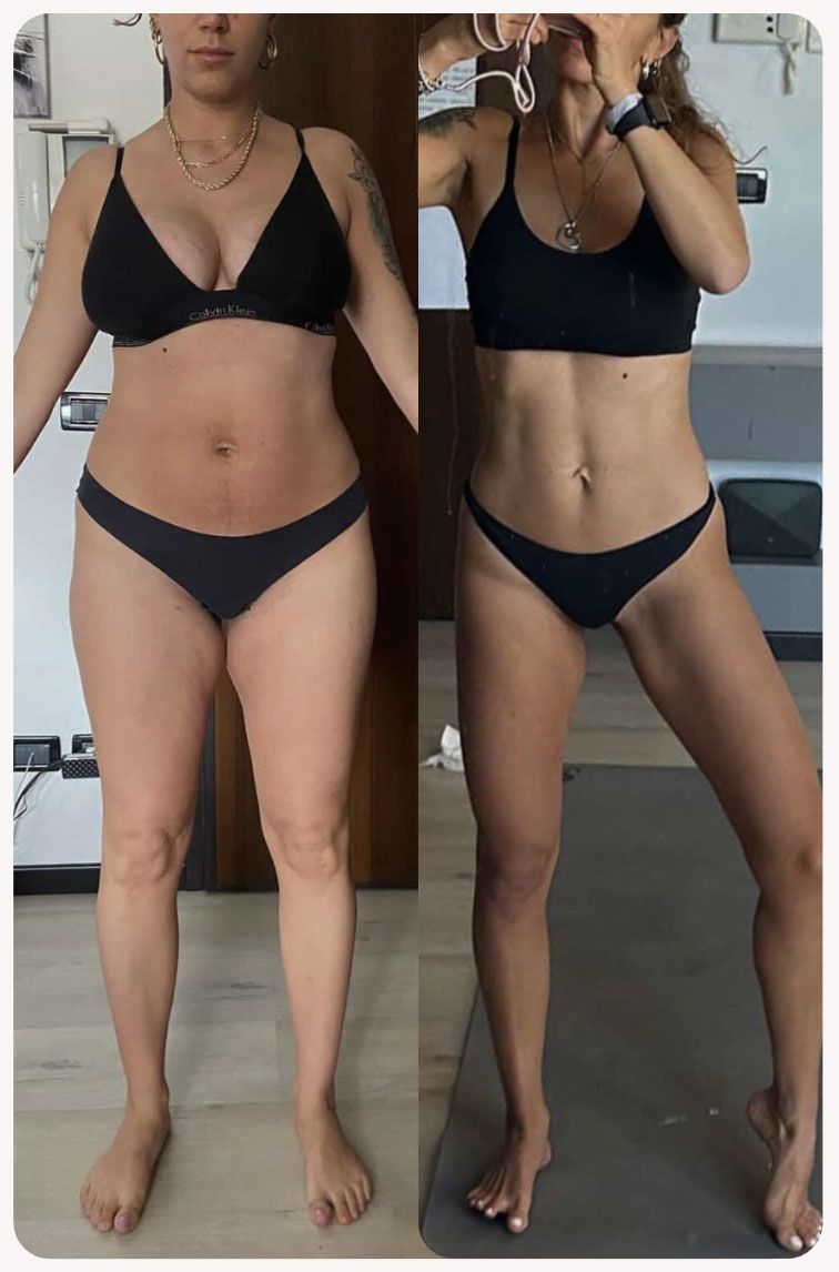 Real transformation with Lymphatic Drainage Pilates: before and after with reduced bloating, water retention, and more toned legs.