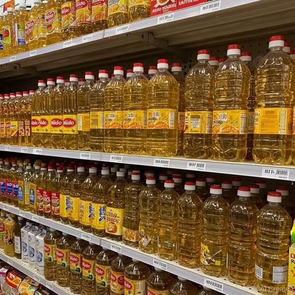 Scaffale di un supermercato con olii di semi vari in esposizione