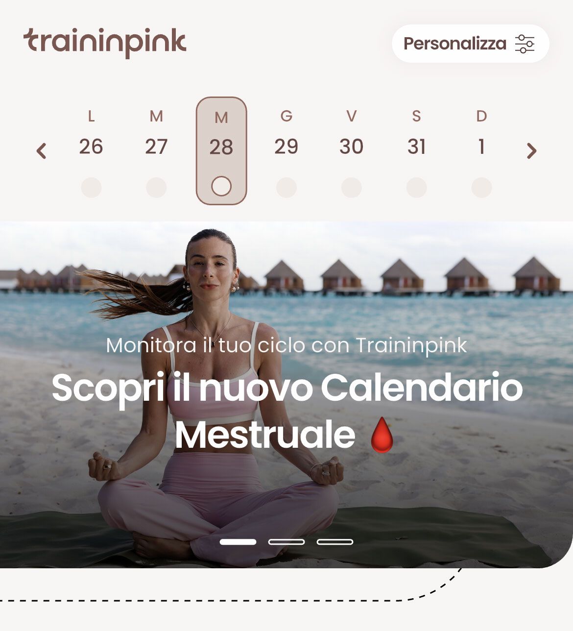 Schermata dell'app Traininpink con il calendario mestruale integrato per tracciare le fasi del ciclo e personalizzare l'allenamento