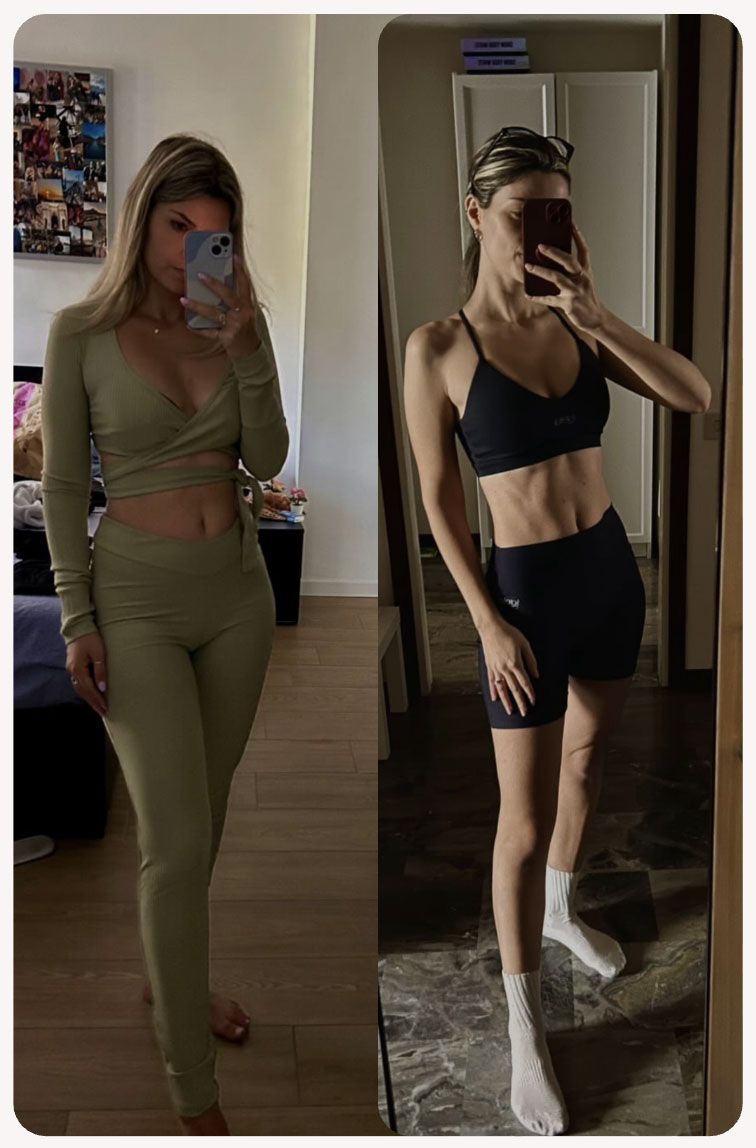 Prima e dopo Pilates Linfodrenante: donna con addome più tonico, meno gonfiore e silhouette più definita dopo il metodo Traininpink