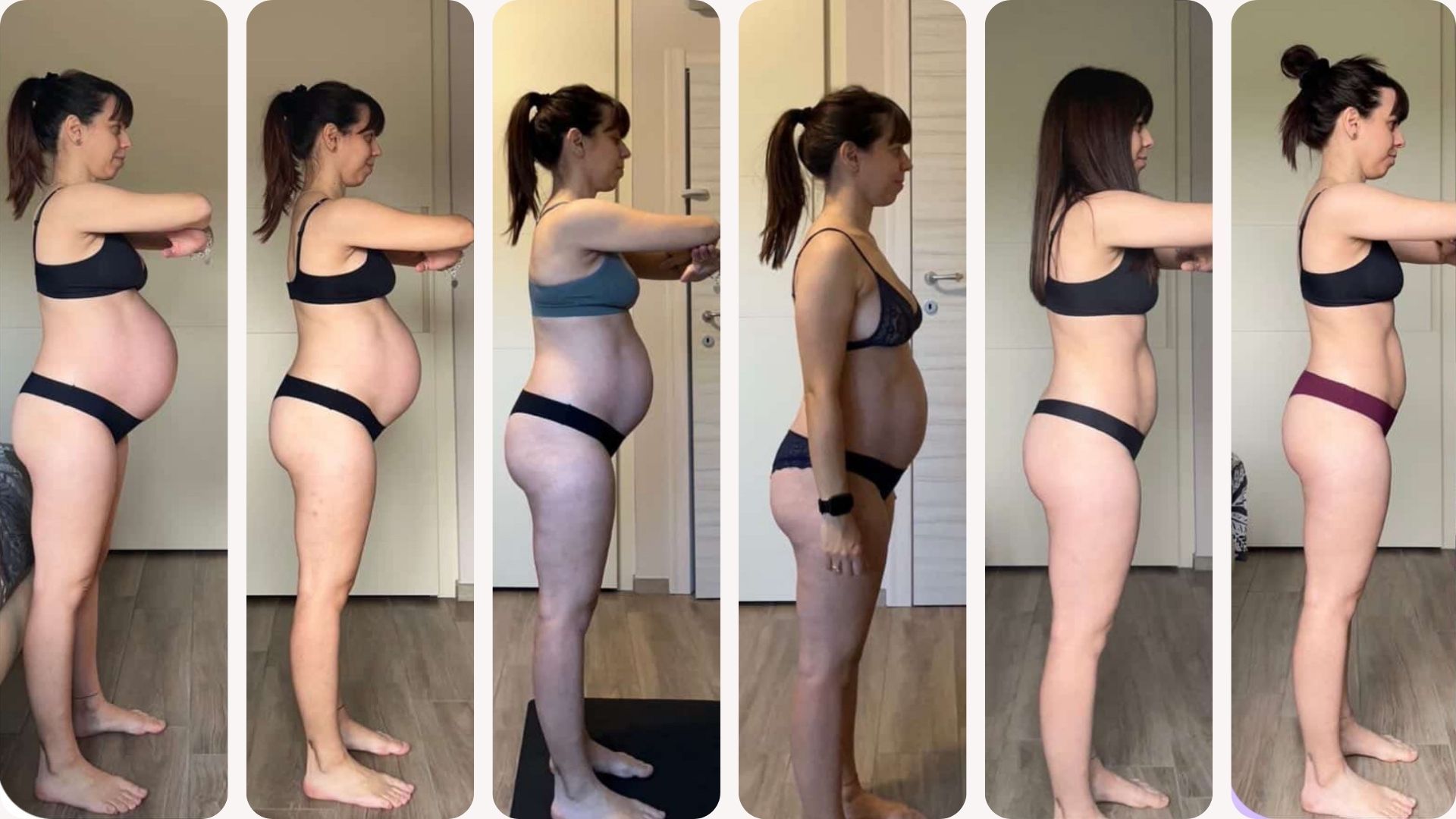 Sequenza di foto della tarsformazione fisica di una donna che ha seguito il Percorso Pilates Linfodrenante Gravidanza