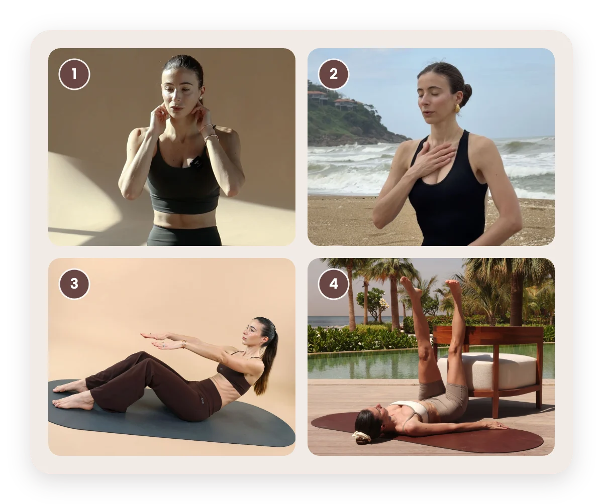 Carlotta Gagna: 1. opening the lymphatic stations under the ears, 2. diaphragmatic breathing with hands on chest and abdomen, 3. a short daily core session on the mat, 4. lying down with legs raised for lymphatic return.