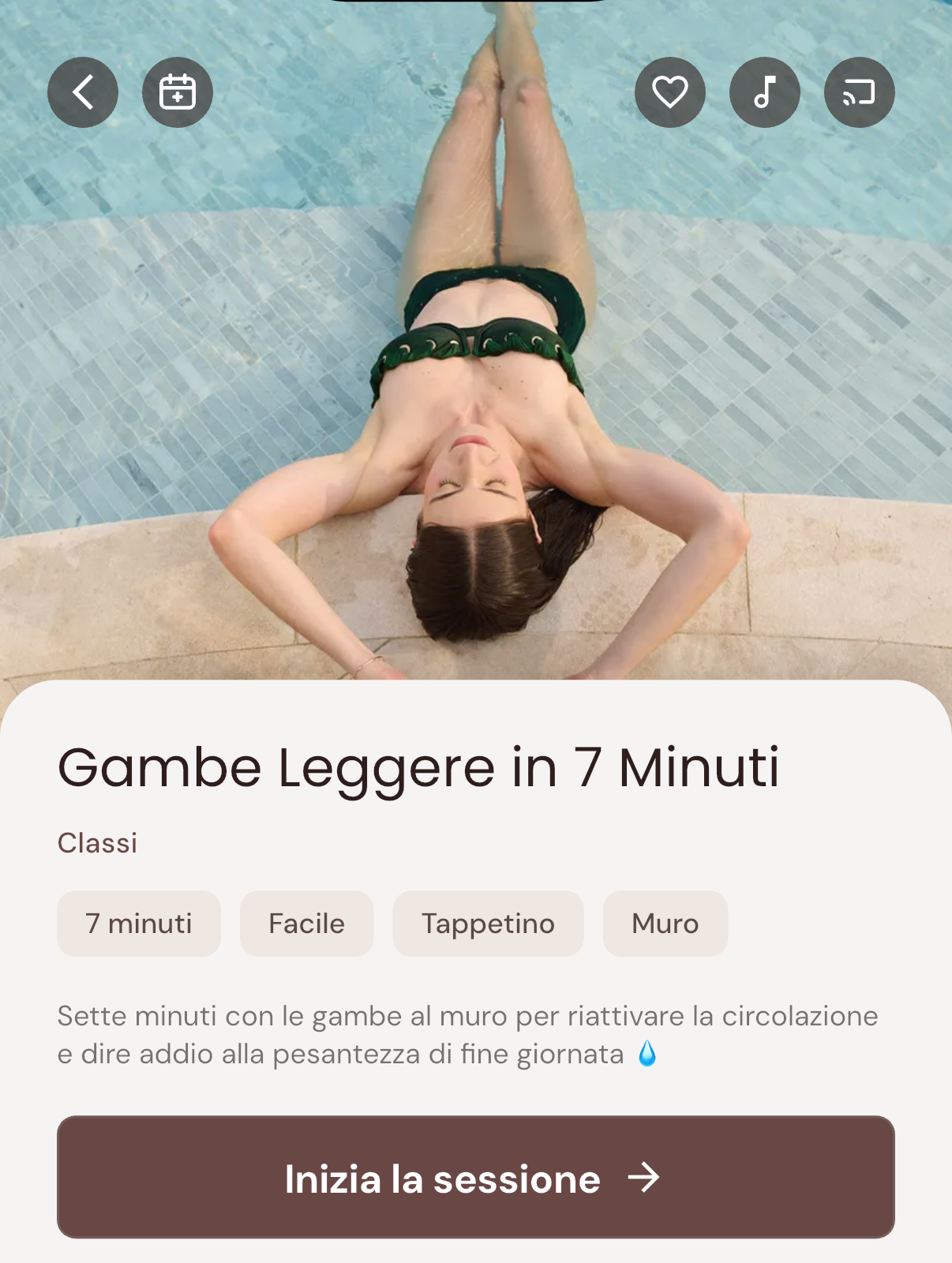 Schermata dell'app Traininpink con la classe Gambe leggere in 7 minuti