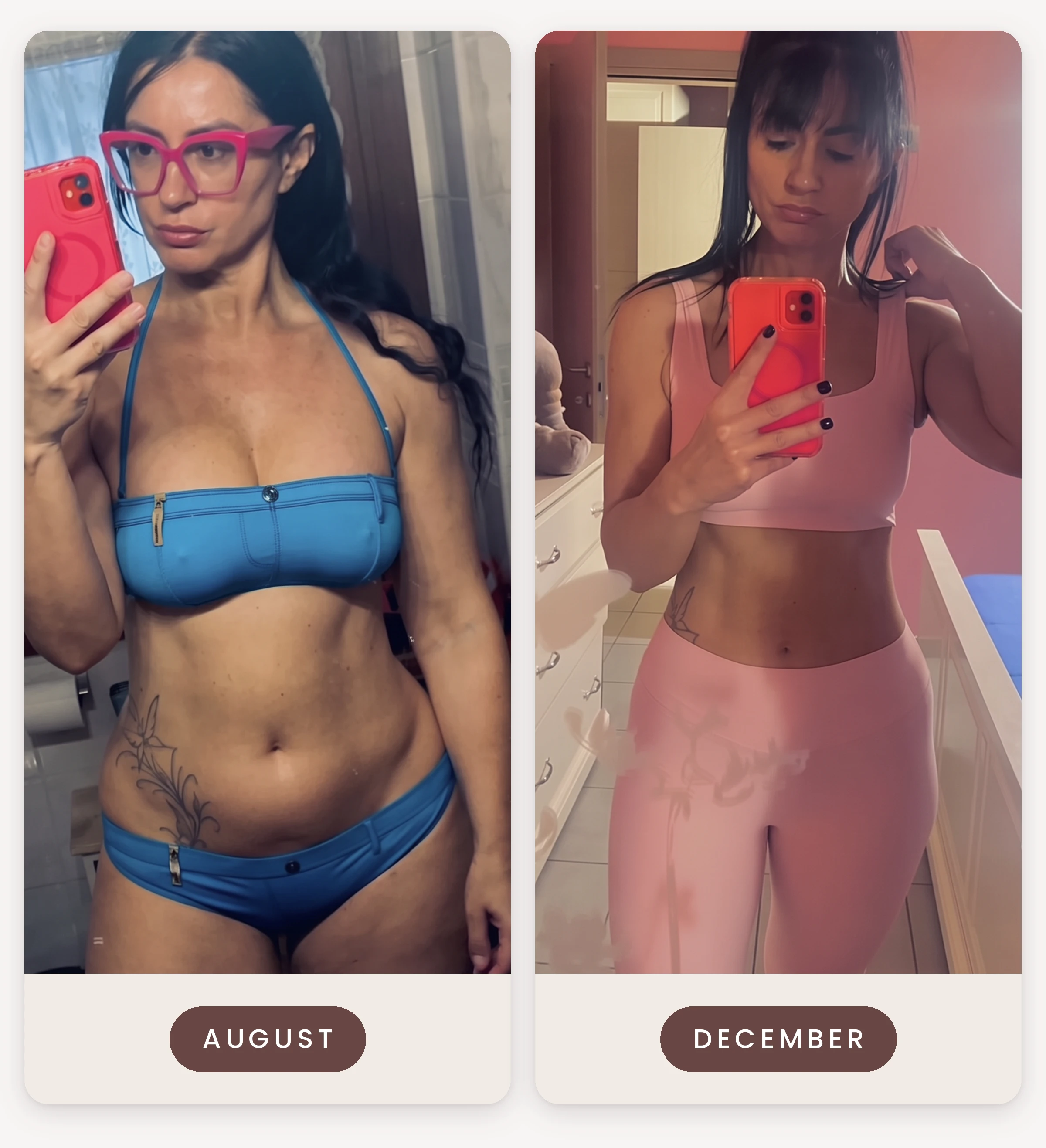 Ilaria's front in August and in December, after about three months of Lymphatic Drainage Pilates at home
