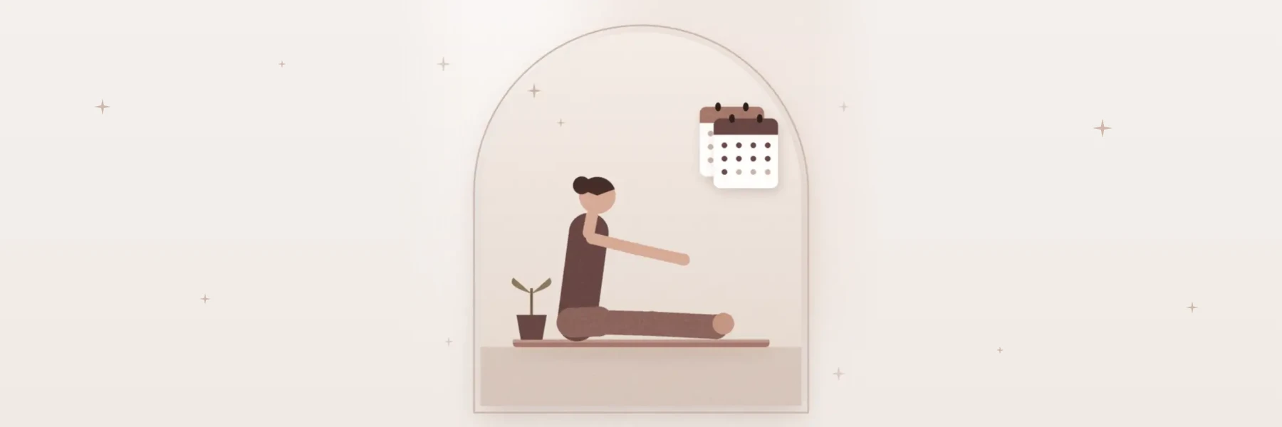 Woman doing a seated stretch on a mat beside calendar pages