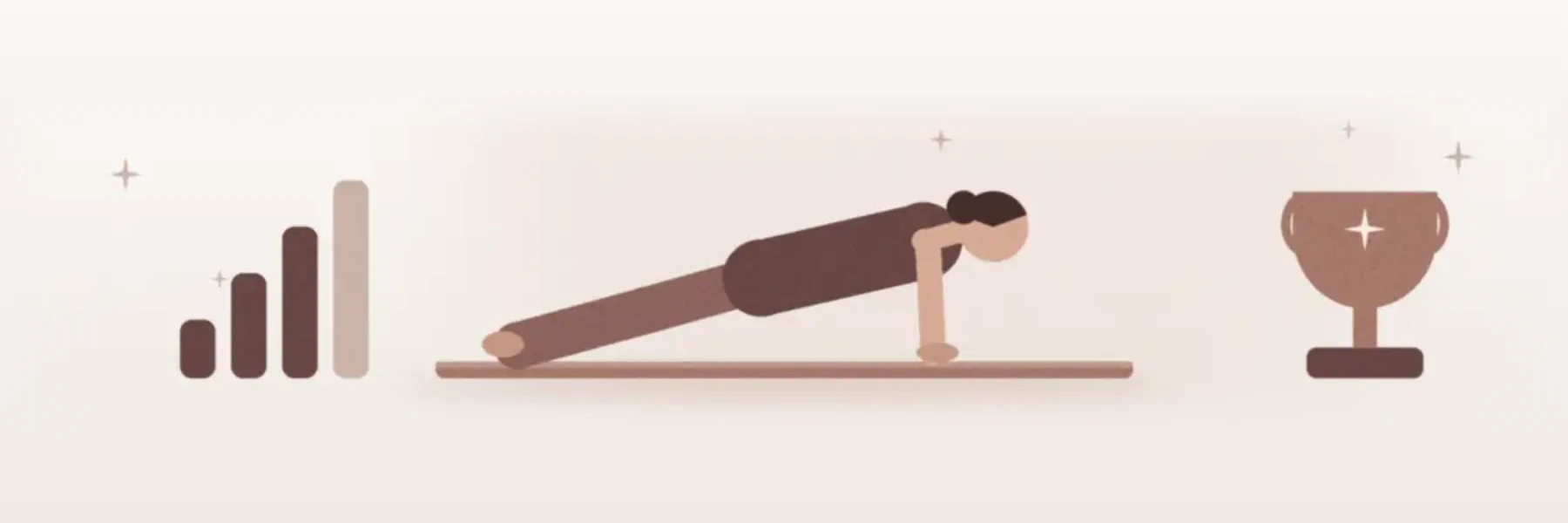 Woman holding a plank on a mat with level bars and a trophy