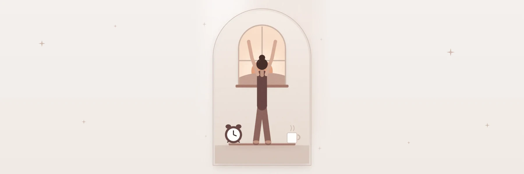 Woman stretching at a sunrise window with an alarm clock and coffee