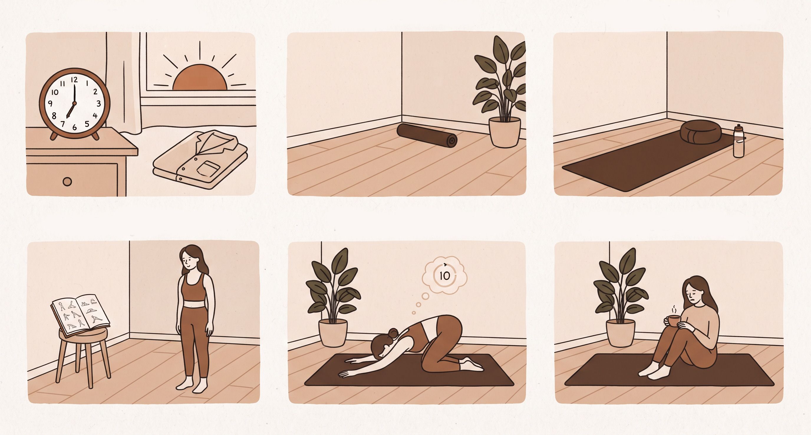 llustrazione dei 6 step per costruire una routine sostenibile: stessa ora, stesso luogo, tappetino, percorso strutturato, tempo ridotto e accettazione dei giorni negativi
